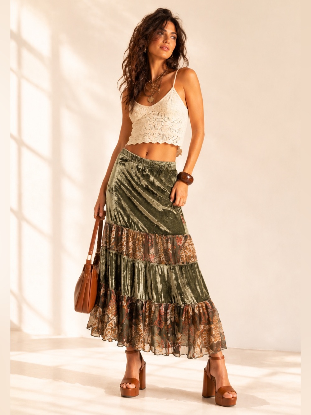 Y2K Fairy Grunge Velvet Mermaid Cut Tiered Maxi Skirt Ruffle Sheer Panels Sz L